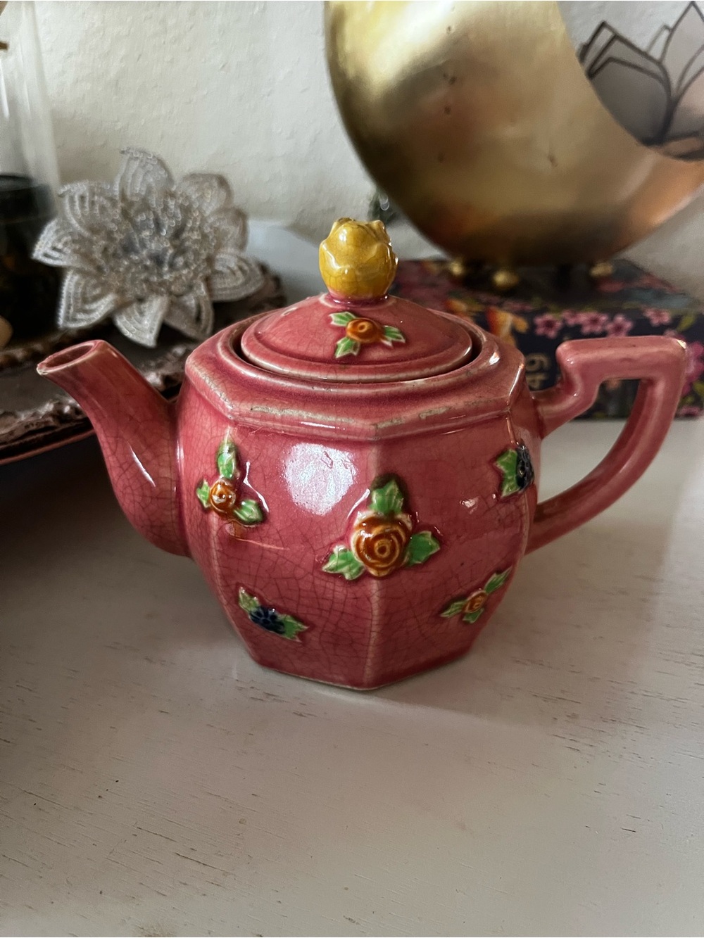 Small Vintage Pink Roses Teapot with Yellow Rosebud Lid